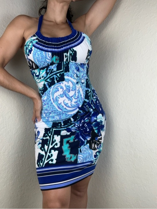 Cache Dresses & Skirts - Cache Blue Paisley Halter Mini Dress Size 4 Bodycon Lined Built-In Bra NEW